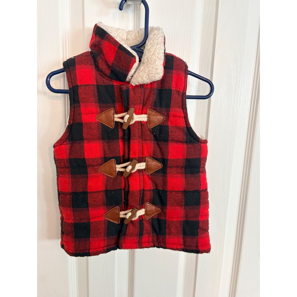 Mud Pie Puffer Vest Red Black Buffalo Plaid Sherpa Toggle Toddler Kids Outerwear